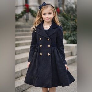Rothschild Girls Wool Dress Coat Navy Fit & Flare Gold Buttons Size 8